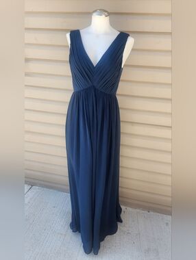 Azazie Navy Blue V-Neck Pleated Bridemaid Dress